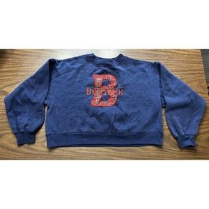 VTG Bonjour Crop Top Womens Sweater Blue Embroidered Logo Red Plaid Sz M